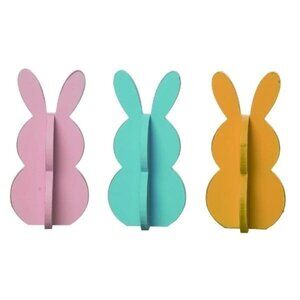 3-D Easter Bunny Peeps Spring Set 3 Wood Yellow Blue Pink Table Decor 4"x8"